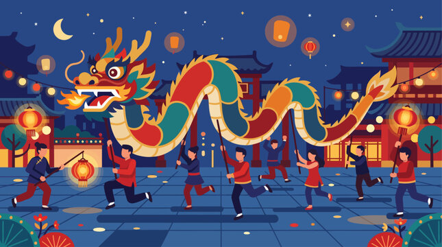 This flat design illustration captures the energetic spectacle of a dragon dance, a vibrant cultural performance often seen during the Mid-Autumn Festival, illuminated by traditional lanterns.