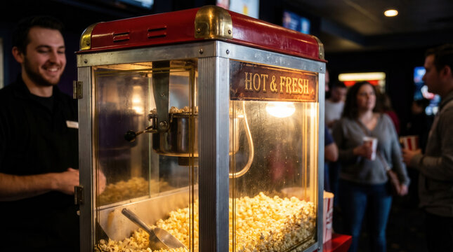 Man serving popcorn from vintage machine in busy cinema environment  