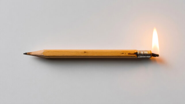 Wooden pencil with a burning tip lying horizontally on a light gray surface, showcasing the contrast between the pencil and the flame