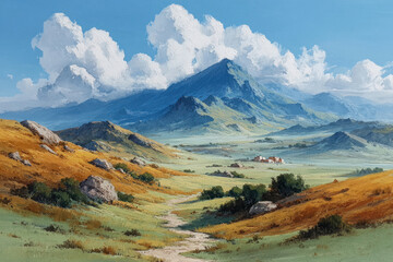 Naklejka premium Sunlit Mountain Valley Landscape Painting