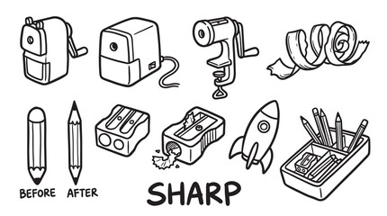 Obraz premium Pencil sharpener collection featuring manual mechanical and electric models for school supplies.