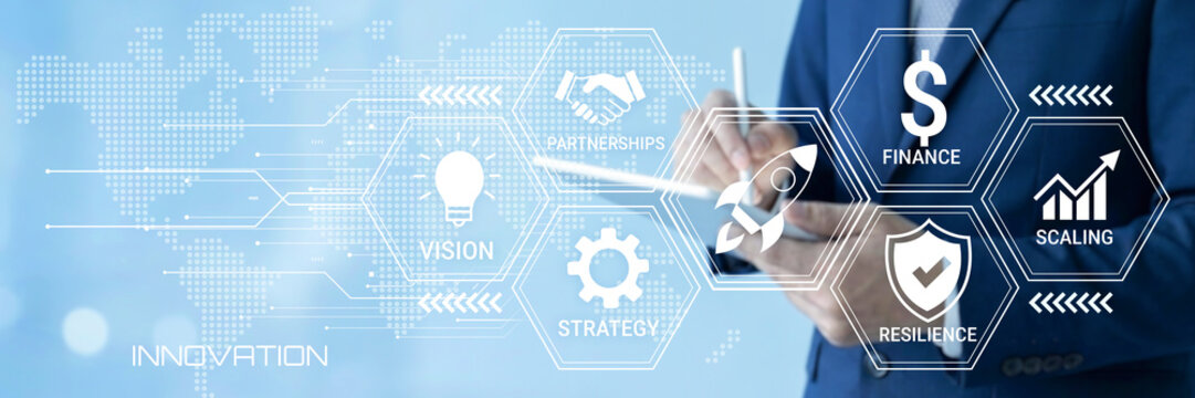 Business professional using digital interface showcasing key elements like vision strategy finance partnerships resilience scaling innovation