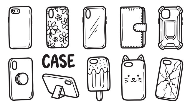 Mobile phone case icons showing different protective covers and decorative patterns for smartphone.