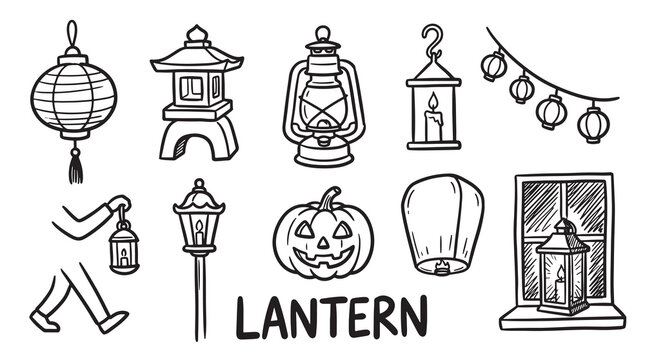 Lantern set with various hand drawn styles including chinese and vintage oil lamps.