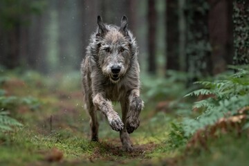 Fototapeta premium Playful Dog Running Through Forest Trails