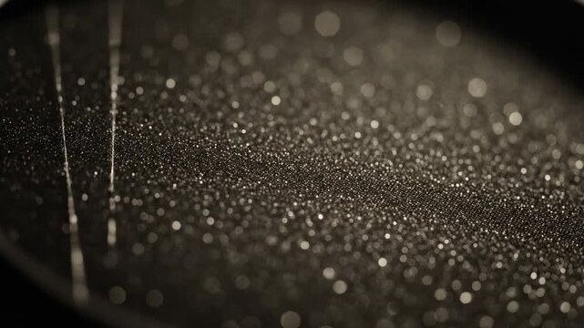 Captivating macro perspective reveals a textured, dark surface adorned with sparkling, luminous particles and subtle linear textures, creating a visually rich and abstract atmospheric