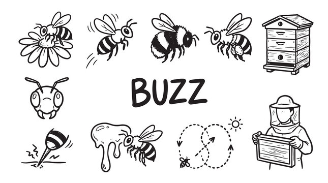 Beekeeping and honey bee set with various insect poses and equipment in black line art illustration.