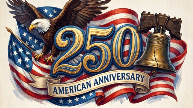 USA 250th Anniversary Semicentennial Celebration: Patriotic Illustration with Bald Eagle, Liberty Bell, and American Flag for 2026