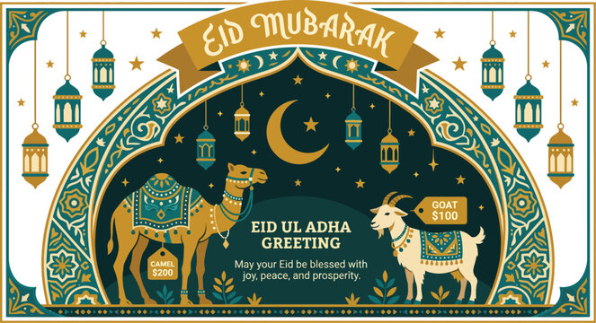 Festive Eid al-Adha greeting banner design featuring traditional camel and goat, intricate Islamic patterns, crescent moon, and lanterns, symbolizing charity and joy