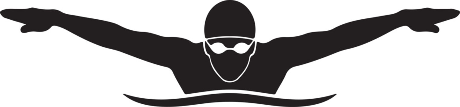 Black silhouette icon of a professional swimmer wearing goggles and a swimming cap performing the butterfly stroke in a competitive pool race style silhouette vector