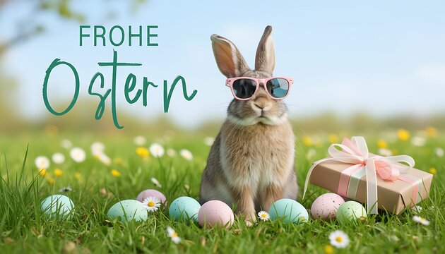 Cute easter bunny rabbit wearing sunglasses sitting in grass with colored eggs and gift box