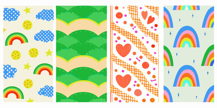 Colorful pattern with rainbows hearts stars and polka dots