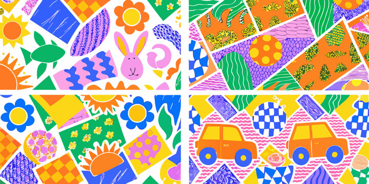 colorful patchwork collage with floral and animal motifs