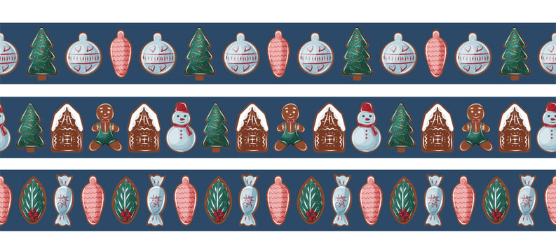 Festive Christmas border set with gingerbread house, snowman, ornament and candy cookies. Winter vector frames perfect for card and holiday decor.