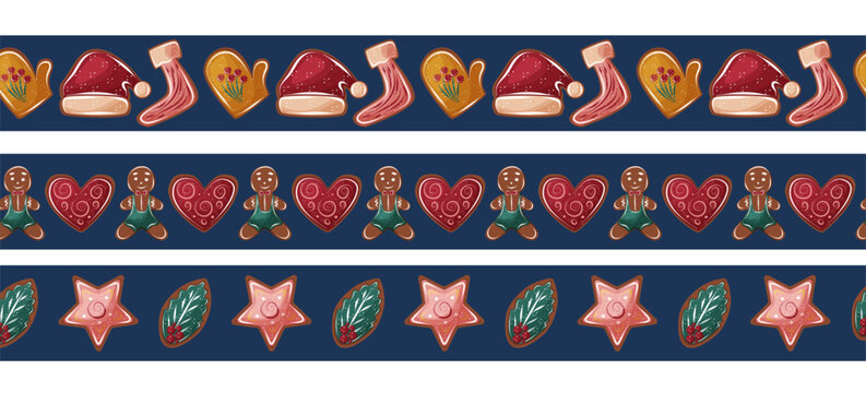 Christmas border set with gingerbread cookies in form mitten, Santa hat, man, star, holly, and festive stocking. Cozy winter vector frame for holiday cards and wrapping paper.