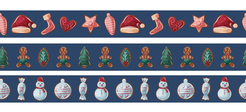 Christmas border set with gingerbread cookies, ornament, snowman and festive sweets. Cozy winter vector frames for card, wrapping and holiday design.