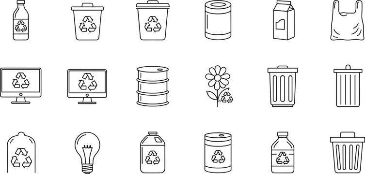 A set of recycling-related icons, including bottles, bins, cans, and other recyclable items, perfect for eco-friendly or sustainability-themed designs.