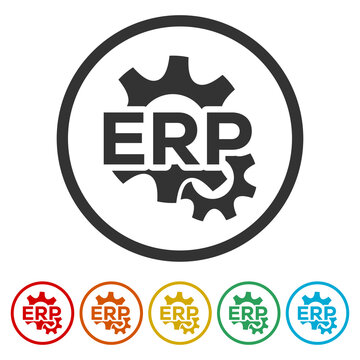 ERP, enterprise resource planning icon. Set icons in color circle buttons