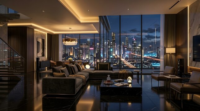 Elegant High Rise Penthouse with Golden Glow Jpeg Image.