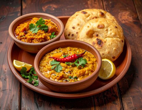 Rajasthani Traditional Cuisine Dal Baati Also Know as Dal Bati or Daal Baati Churma on Wooden Background. selective focus