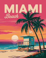Fototapeta premium Miami Beach Travel Poster with Lifeguard Tower, Tropical Palm Trees, Ocean Waves and Coastal Scenery, Retro Style Vector Illustration for Surf Culture and Vacation Decor