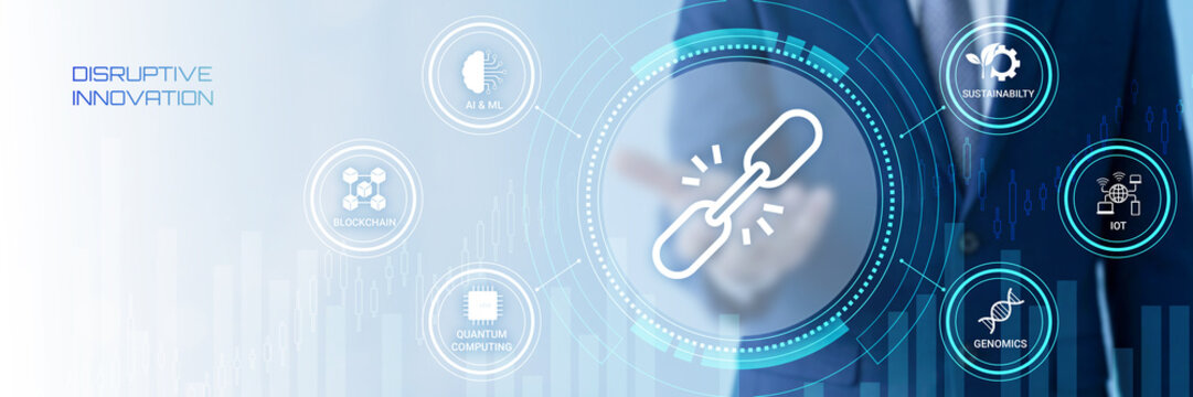 Modern digital illustration showcasing disruptive innovation concepts with interconnected technology symbols and futuristic elements