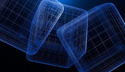 Abstract Glowing Blue Wireframe Cube Structures Floating in Dark Space Representing Digital Connectivity Virtual Reality Network Simulation Data Flow Graphics Technology Conceptual Background Design © Bright Design