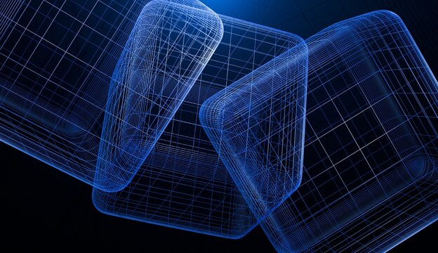 Abstract Glowing Blue Wireframe Cube Structures Floating in Dark Space Representing Digital Connectivity Virtual Reality Network Simulation Data Flow Graphics Technology Conceptual Background Design