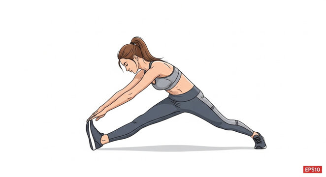 Woman stretching legs in athletic wear on white background.