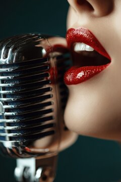 A close-up of a jazz singera??s lips near a chrome microphone, red lipstick, vintage glamour