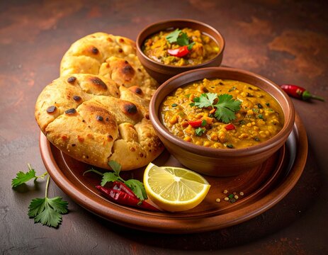 Rajasthani Traditional Cuisine Dal Baati Also Know as Dal Bati or Daal Baati Churma on Wooden Background. selective focus