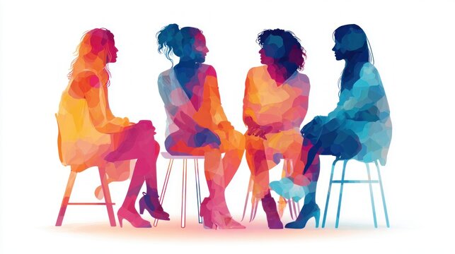 Diverse group of women in colorful abstract silhouettes sharing a conversation while sitting