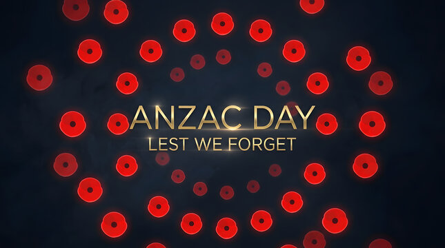 Remembrance poppies form a circular pattern with the words "Anzac Day Lest We Forget" in gold lettering.