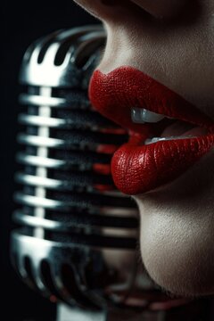 A close-up of a jazz singera??s lips near a chrome microphone, red lipstick, vintage glamour