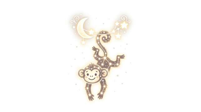 Cute cartoon monkey hanging from a crescent moon.