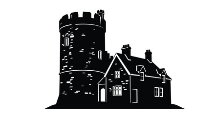 Vintage black and white illustration of a castle and cottage structure © MHB_STUDIO