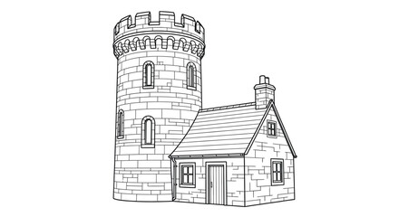 Detailed sketch of a stone tower connected to a cottage © MHB_STUDIO