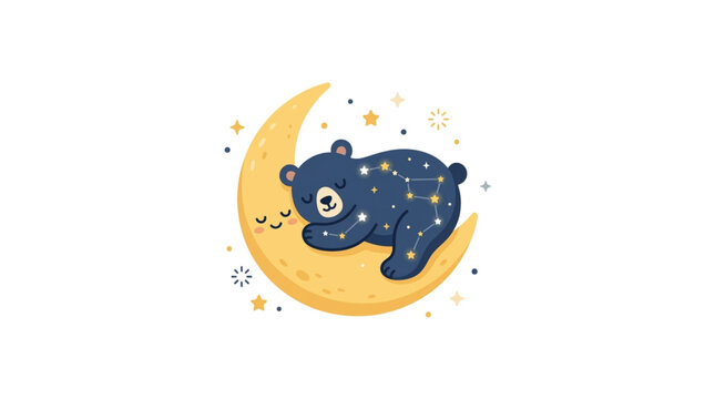 Cute Bear Sleeping on Crescent Moon with Stars.