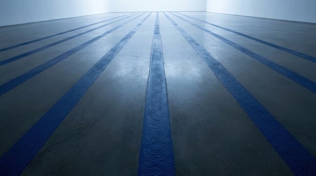 Deep blue painted concrete lines receding into perspective on a textured surface, creating a striking abstract pattern