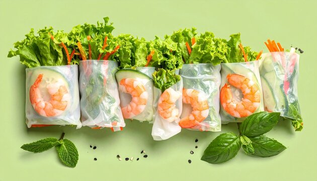 Fresh Vietnamese spring rolls with shrimp lettuce and herbs arranged in a row isolated on a light green background for a healthy lifestyle.