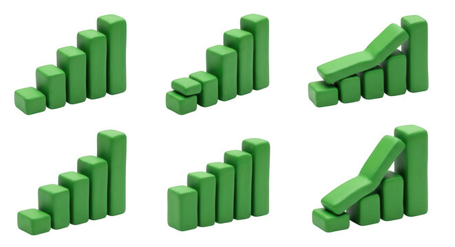 clay green bar charts on white business growth and decline with isolated background for infographics