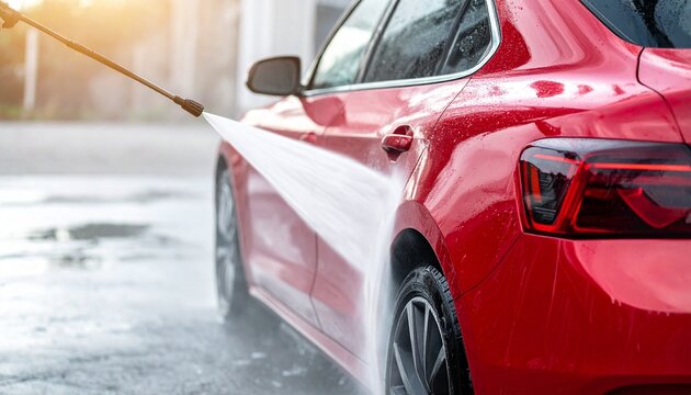 A high pressure water spray cleaning a shiny red car at a professional vehicle washing facility during a bright sunny afternoon day.