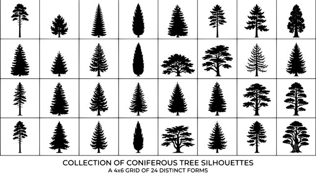 Coniferous tree silhouettes set with 24 distinct forms in a 4x6 grid featuring forest, nature, black and white with vector and illustration elements