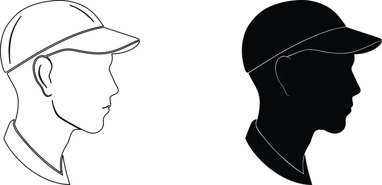 Sporty man wearing baseball cap side profile illustration in vector line and silhouette.