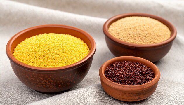 Three rustic ceramic bowls filled with different varieties of raw organic ancient grains arranged on a textured light fabric surface.