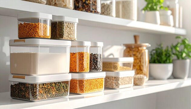 Modern kitchen pantry organization with clear plastic storage containers filled with dry pantry staples like grains and legumes on shelves.