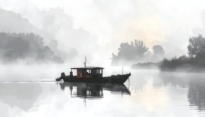 Fototapeta premium Boat on misty river with trees reflected in water, serene grayscale landscape