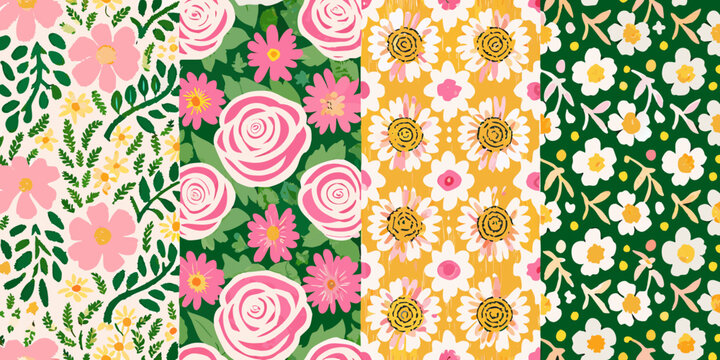Floral pattern with roses and daisies colorful vector illustration