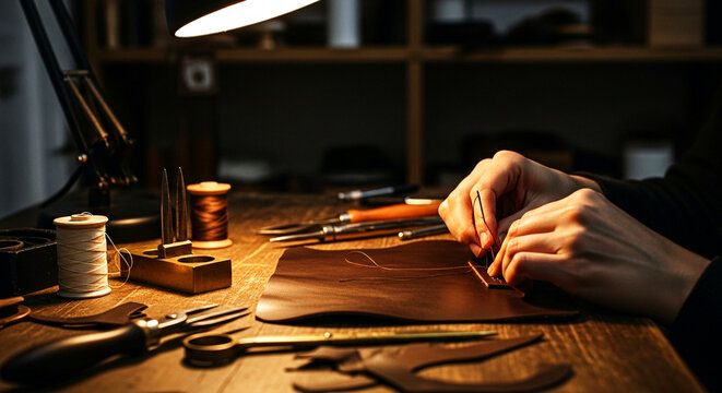Craftsperson working with leather materials and precision tools on a wooden workspace under warm lighting. Authentic artisan scene ideal for handmade product branding and craftsmanship visuals.