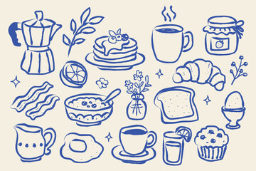 Fototapeta na wymiar Breakfast Foods Naive Blue Sketch Set Vector